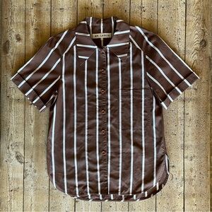Mr. Larkin oversized short sleeve brown white stripe long button up shirt large